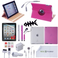 Accessory Bundle for iPad 3 and iPad 2 including Rotating Faux Leather Case / TPU Case / Silicone Case / Earphones / Stylus pens / Chargers / Home Button Stickers / Wire Collector / Screen Protectors / ECO-FUSED® Microfiber Cleaning Cloth (Hot Pink) Accessory Bundle for iPad 3 and iPad 2 including Rotating Faux Leather Case / TPU Case / Silicone Case / Earphones / Stylus pens / Chargers / Home Button Stickers / Wire Collector / Screen Protectors / ECO-FUSED® Microfiber Cleaning Cloth (Hot Pink)