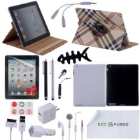 22 pcs iPad 3 Accessory Bundle / 360° Plaid Leather Case, Smoke TPU Case, Black Silicone Case / Earphones / 4 Black and Silver Stylus Pens! / Chargers for iPad 3 - ECO-FUSED® Microfiber Cleaning Cloth Included - And MORE! Also compatible with iPad 2 (La 22 pcs iPad 3 Accessory Bundle / 360° Plaid Leather Case, Smoke TPU Case, Black Silicone Case / Earphones / 4 Black and Silver Stylus Pens! / Chargers for iPad 3 - ECO-FUSED® Microfiber Cleaning Cloth Included - And MORE! Also compatible with iPad 2 (La