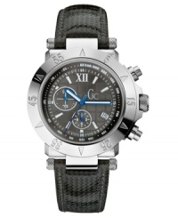 Make a statement without saying a word. This Gc Swiss Made Timepieces watch features a carbon fiber and leather strap with a round stainless steel case. Textured gray chronograph dial with unique dual-counter precision Swiss quartz movement, logo, date window, two sundials, SuperLuminova coated hands, silvertone indices and Roman numeral at twelve o'clock. Swiss made. Water resistant to 100 meters. Luxury Gc gift box packaging included. Make a statement without saying a word. This Gc Swiss Made Timepieces watch features a carbon fiber and leather strap with a round stainless steel case. Textured gray chronograph dial with unique dual-counter precision Swiss quartz movement, logo, date window, two sundials, SuperLuminova coated hands, silvertone indices and Roman numeral at twelve o'clock. Swiss made. Water resistant to 100 meters. Luxury Gc gift box packaging included.