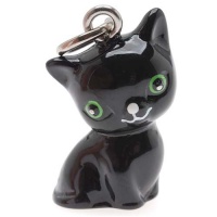 Hand Painted 3-D Seated Black Cat With Green Eyes Jewelry Charm 20mm (1)
